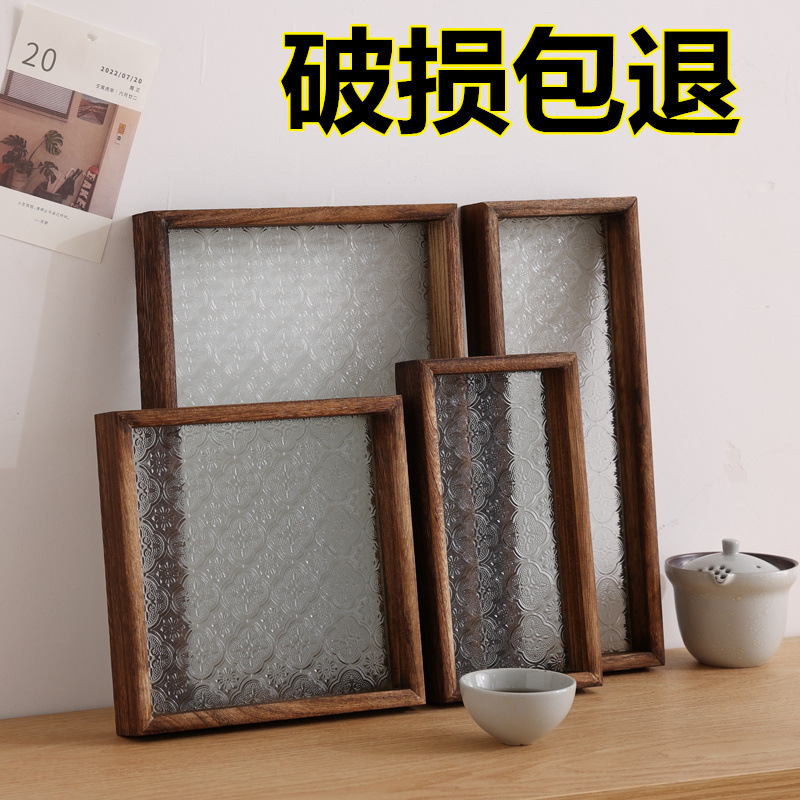 Retro Begonia Flower Glass Tray Rectangular Household Snack Wooden Tea Cup Tea Set Tray Tea Tray Retro Begonia Flower Glass Tray Rectangular Household Snack Wooden Tea Cup Tea Set Tray Tea Tray