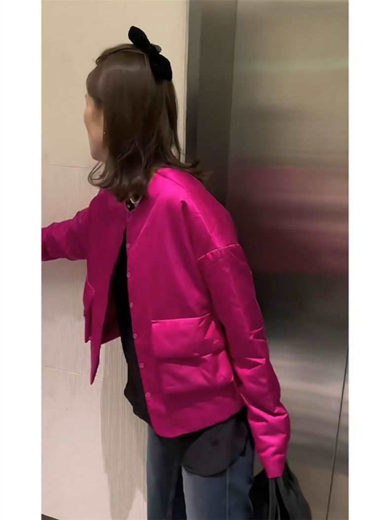 欧货2024新款今年流行感超好看小个子玫红色棉服外套女冬