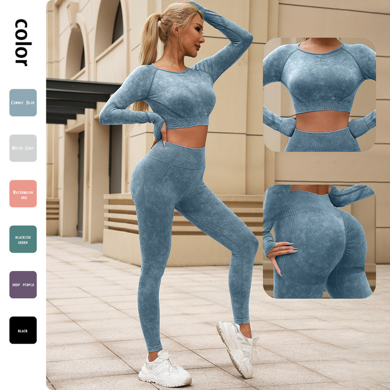 European and American Washed Yoga Clothing suit Women's Long-sleeved Pants Two-piece Set Slim-fit Honey Hip Washed Fitness Pants suit