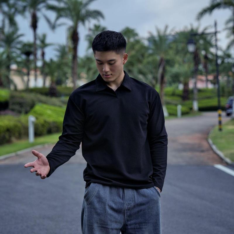 春秋男士百搭新中式亨利领POLO衫长袖免烫抗皱透气显型休闲T恤潮|undefined