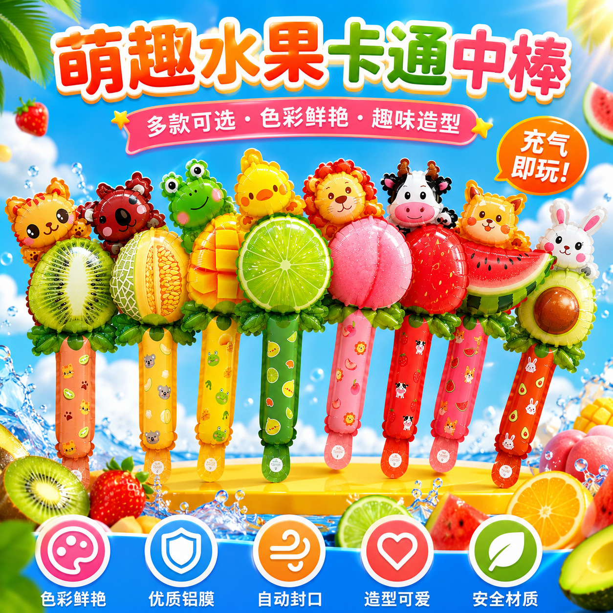 水果萌趣卡通动物中棒儿童手持气球生日节日派对装饰可爱铝膜气球