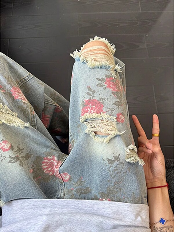 花卉破洞牛仔裤男款夏季美式高街设计感裤子显腿长提档微喇直筒裤|undefined