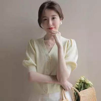 Hanyuan Apparel/Lime Green and White, Bright and Stylish, That's You! Korean Style Short Knit Sweater