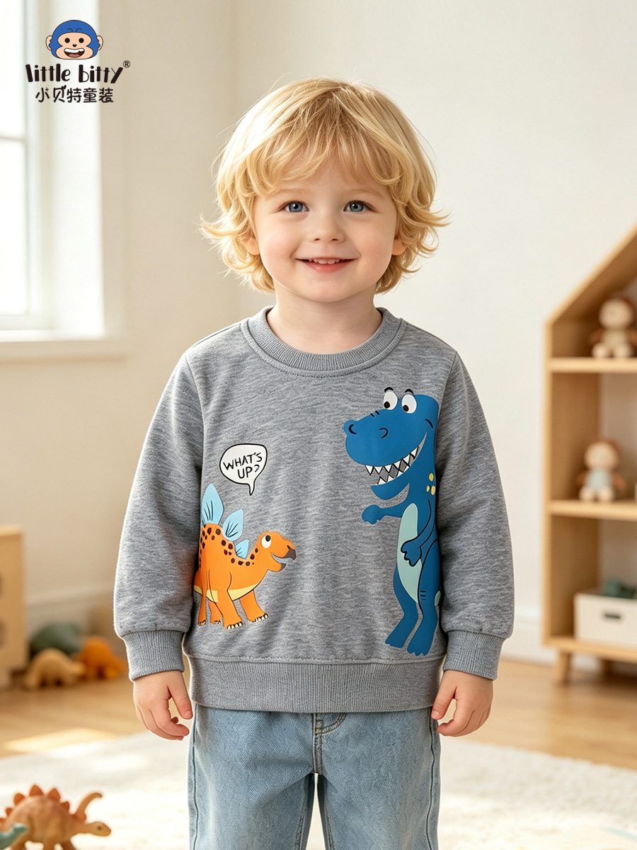 Cross-border children's clothing 2026 autumn fashion cartoon dinosaur round-neck printed boys' sweatshirt top