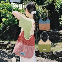 Tagi.新款 机灵果子手工串木珠手提通勤百搭撞色单肩编织镂空女包