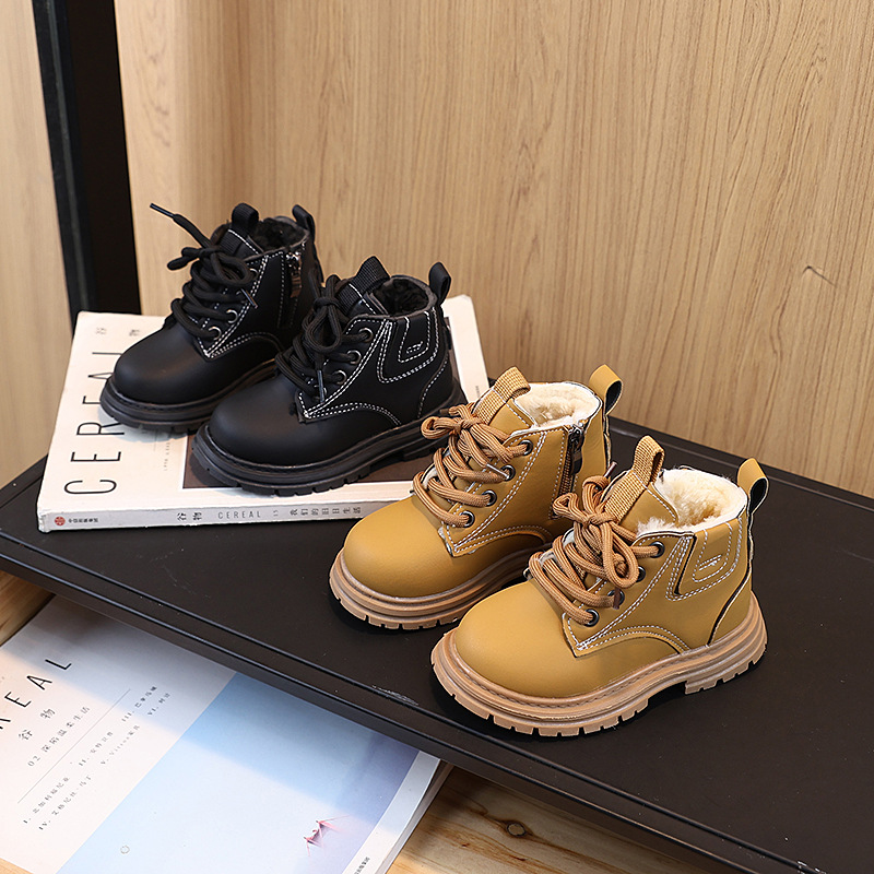 Autumn and Winter New Kidsren's Boots, Boys' Short Boots, Girls' British Style Small Yellow Boots, Fleece-Lined Cotton Warm Leather Boots