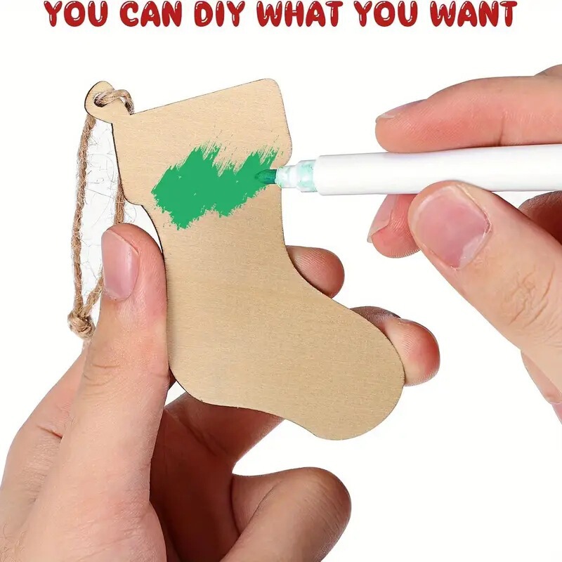 Wooden Hollow Unfinished Hanging Christmas Stocking DIY Christmas Tree Ornaments with Rope Wood Chips Pendant