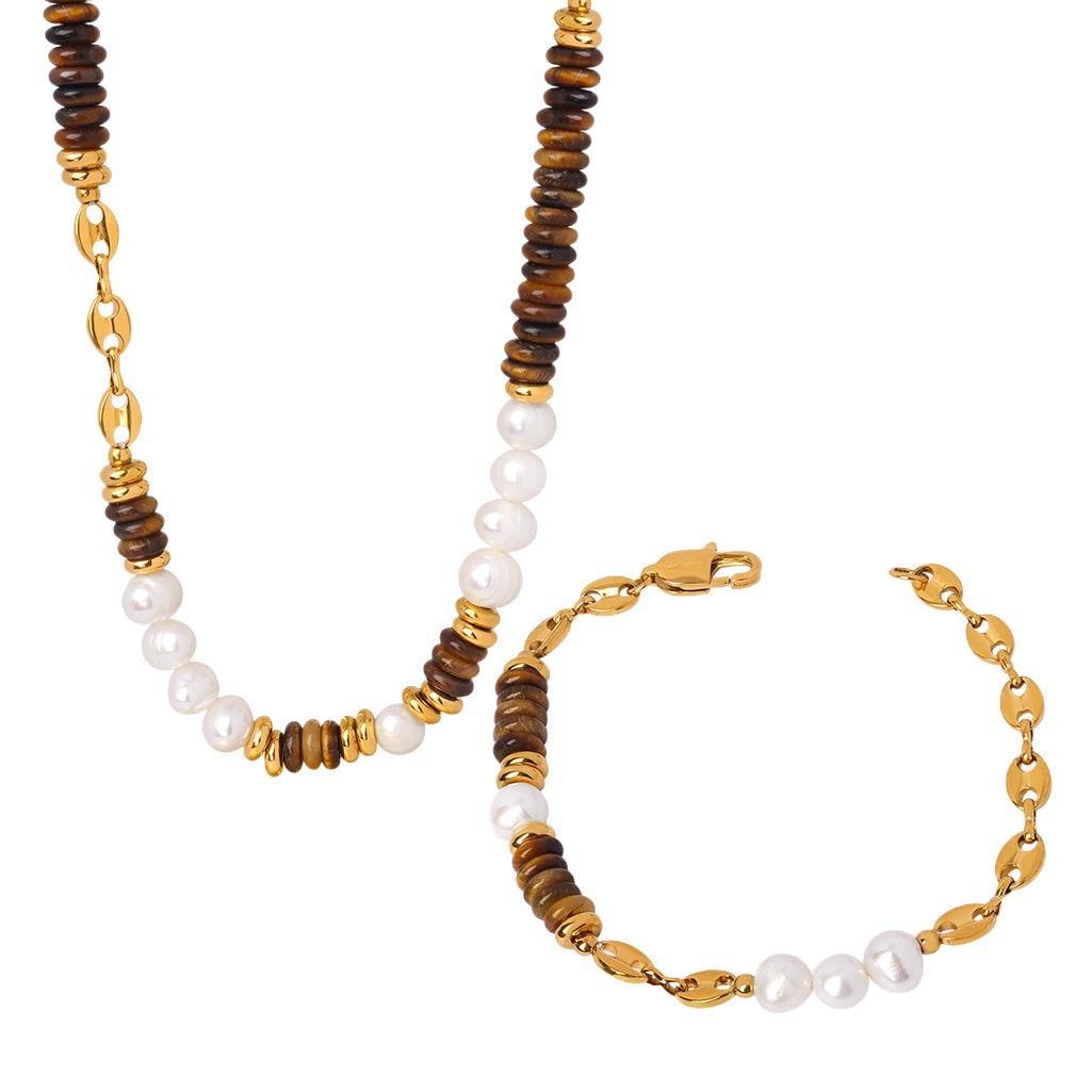 Ojo de tigre natural piedra perlas de agua dulce costura collar titanio acero cerdo nariz personalidad todo partido clavícula cadena joyería para las mujeres