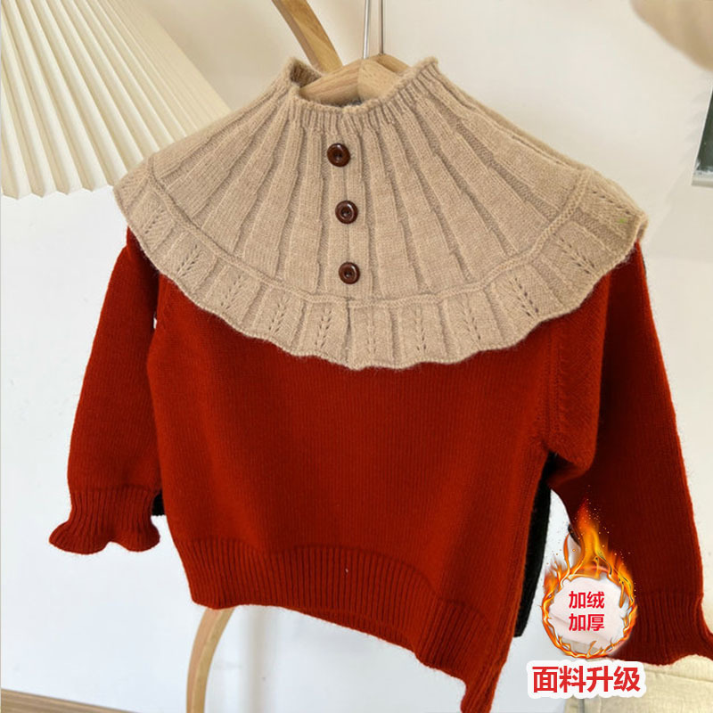 2025 Spring and Autumn Baby Girl Round Neck Sweet Sweater Children's Solid Color Bottoming Wool Korean Style Girls Color Block Sweater