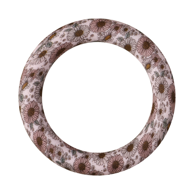 Cross-Border Wholesale 65mm Water Transfer Flower Silicone Rings DIY Keychain Accessories Circle Beads Loose Beads Customization
