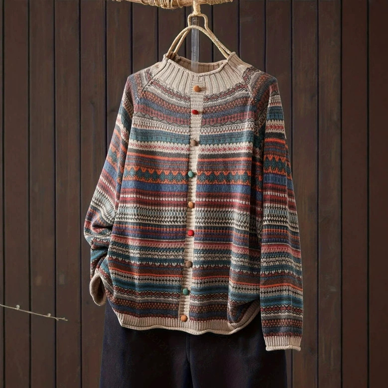 New Retro Cotton Striped Printed Knit Sweater with Half-High Collar, Loose Fit, Age-Reducing Button Decoration, Pullover, Long Sleeves New Retro Cotton Striped Printed Knit Sweater with Half-High Collar, Loose Fit, Age-Reducing Button Decoration, Pullover, Long Sleeves