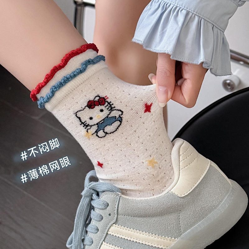 Comfortable and Cute Seamless Cotton Socks Kt Cat Spring and Summer Thin Hollow-Out Slouch Socks with Contrasting Lace Trim, Age-Reducing Mid-Calf Socks for Women