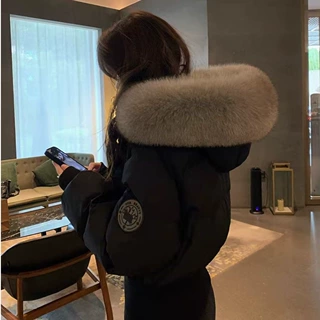 冬季新款加绒加厚羽绒棉服女短款连帽毛领时尚收腰显瘦外套女