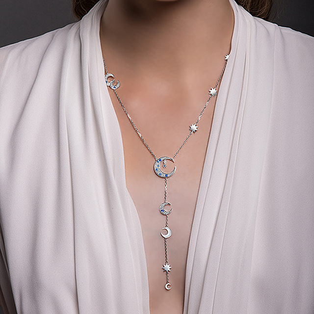 Niche Ins Style Micro Inlaid Zircon Star Moon Y-shaped Mid-length Clavicle Chain Dark Blue Sun Moon Star Necklace display picture 8