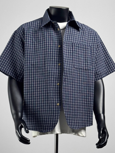 Japanese retro versatile plaid bubble fabric short-sleeve shirt for men and women, summer thin design-style grid