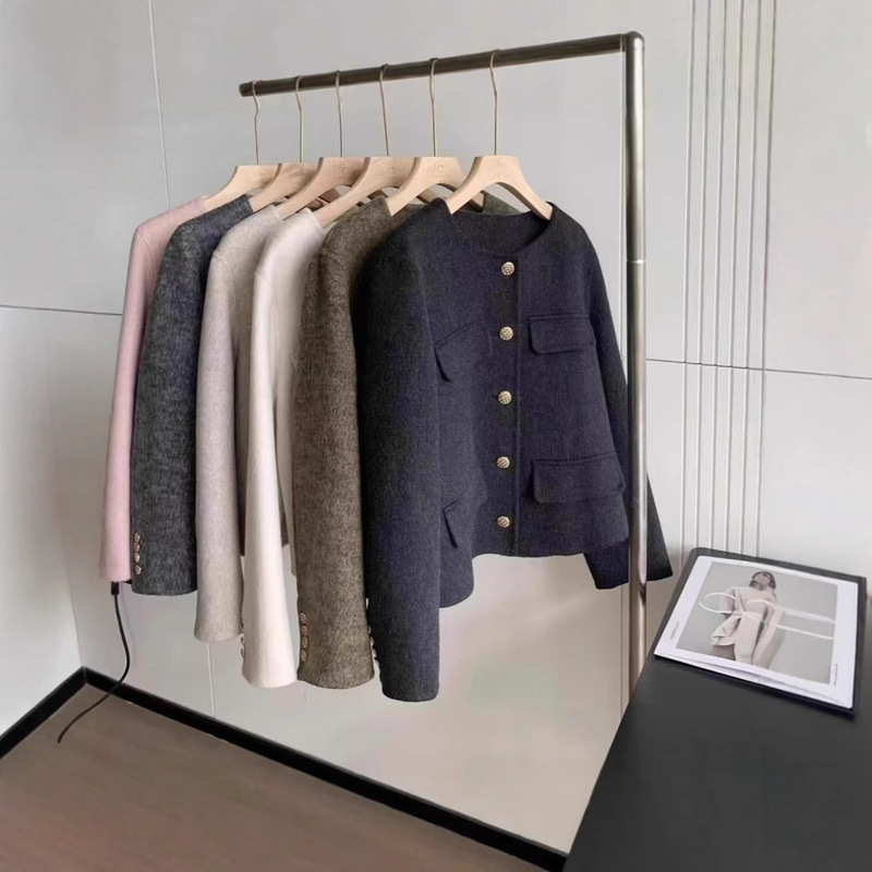 Double-sided Wool Chanel Crewneck Jacket Spring and Autumn Casual All-match Elegant Fashionable Long-sleeved Solid Color Top