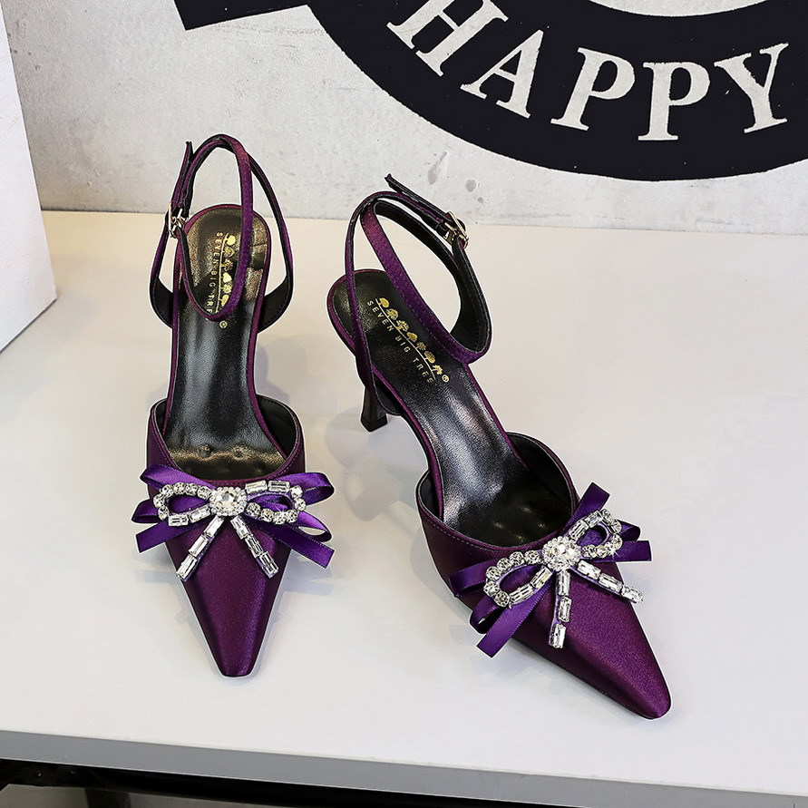 8381-AH133 European and American style sexy banquet with empty flat belt women's shoes, rhinestone ribbon bow pointed single shoes