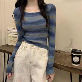 年新款早秋韩版修身条纹打底衫领显瘦女长袖感别致上衣