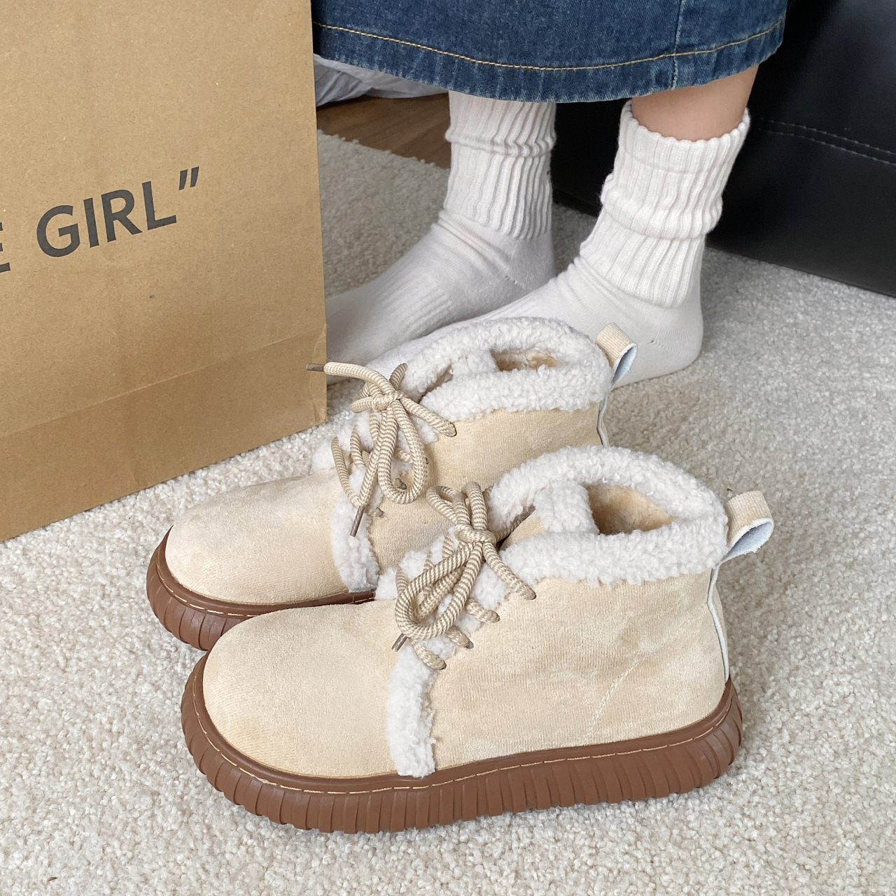 2023 m. žiemos nauji, stori apatiniai šilti odiniai kailiniai, integruoti sniego batai_voghion.com