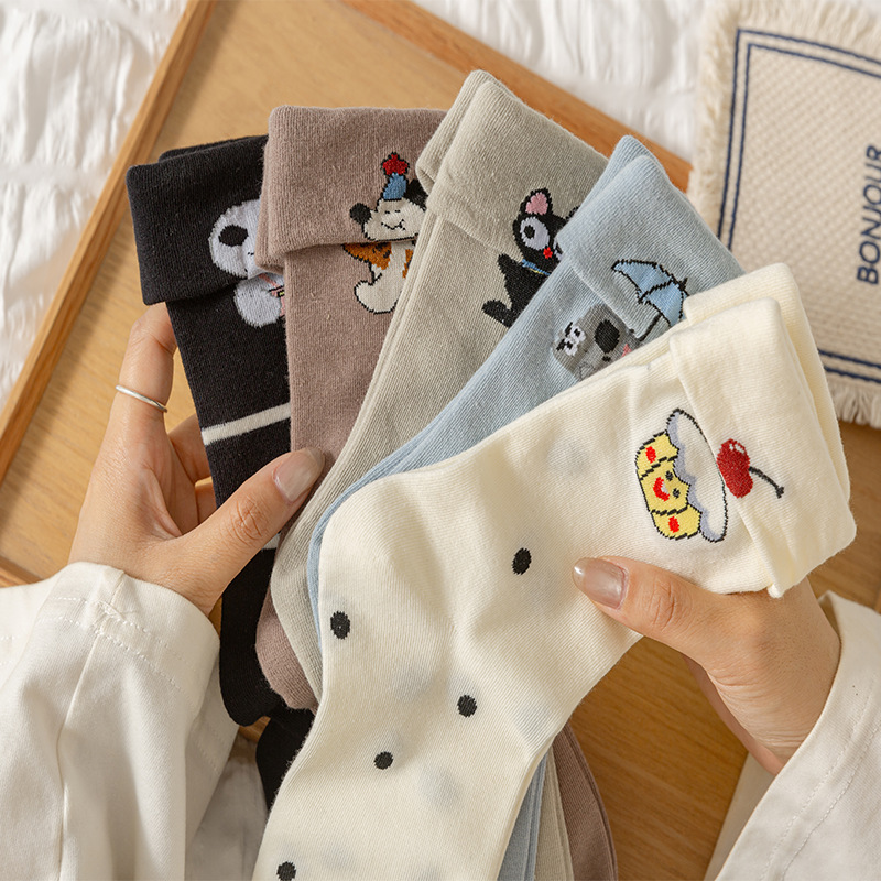 Autumn and Winter New Foldable Cute Cartoon Women's Mid-Calf Socks Korean Style Girly Ins Breathable Versatile Cotton Socks Anti-Pilling