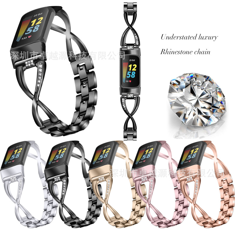 For Fitbit charge6 Watch charge5 New Metal Large X Diamonds Smart Watch Strap For Fitbit charge6 Watch charge5 New Metal Large X Diamonds Smart Watch Strap