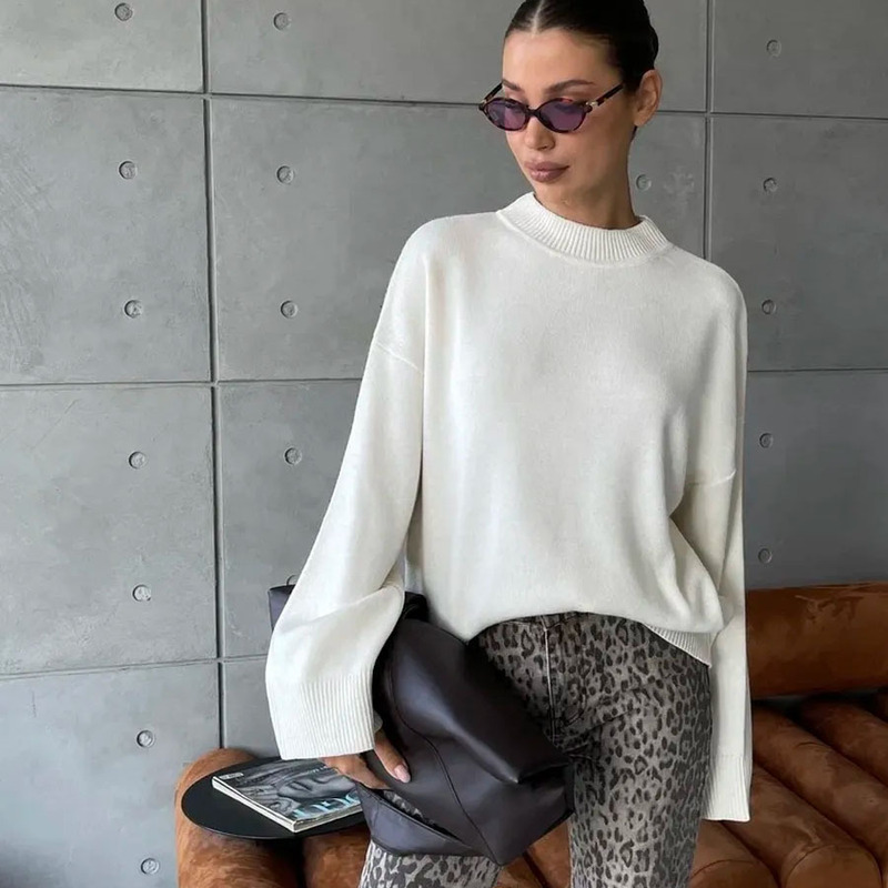 2025 Cross-Border Trade Hot-Selling Russian Bestseller Solid Color Crew Neck Sweater for Women, Soft Knit Casual Loose Top