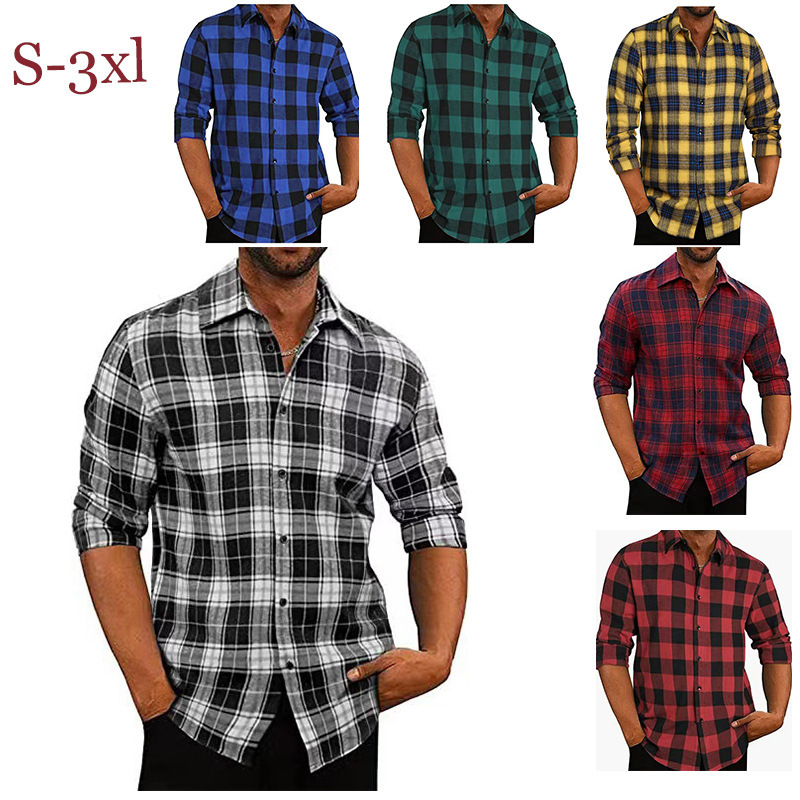 Foreign Trade Hot-Selling Basic Multi-Color Plaid Printed Shirt Men's Casual Loose Top Amazon