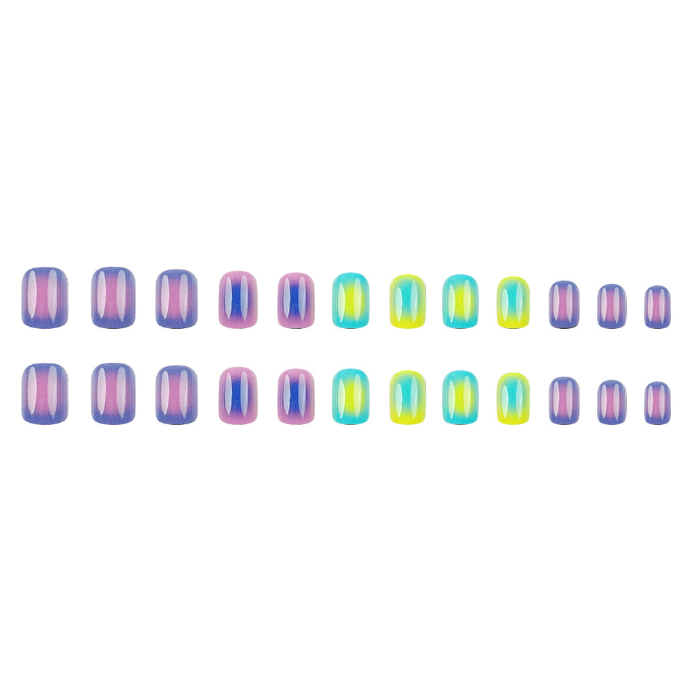 Comercio exterior fluorescente color gradiente desgaste de uñas europeas y estadounidenses violeta verde brillante cara uña falsa 24 piezas de uñas manicuras al por mayor image 6