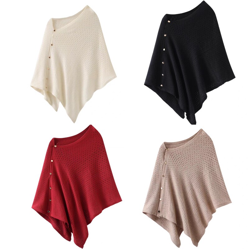 New Solid Color Shawl with Gold Buttons, Hollow-Out Mesh Knit, Irregular Shawl, Dual-Use Scarf, Diagonal Buckle Cape