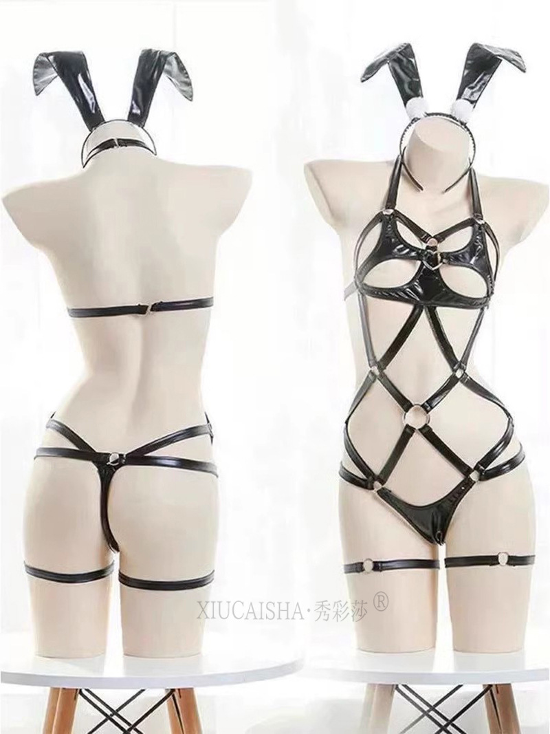 Bunny Girl Lingerie Costume Set with One-Piece, Headpiece, Cuffs and Red Fishnet Stockings — detail image 23