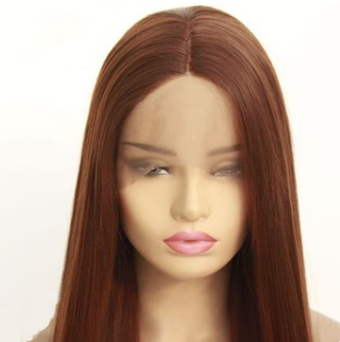 Peluca europea y americana popular marrón 8 # corte medio largo cabello liso fibra química frente encaje fábrica al por mayor LW0051