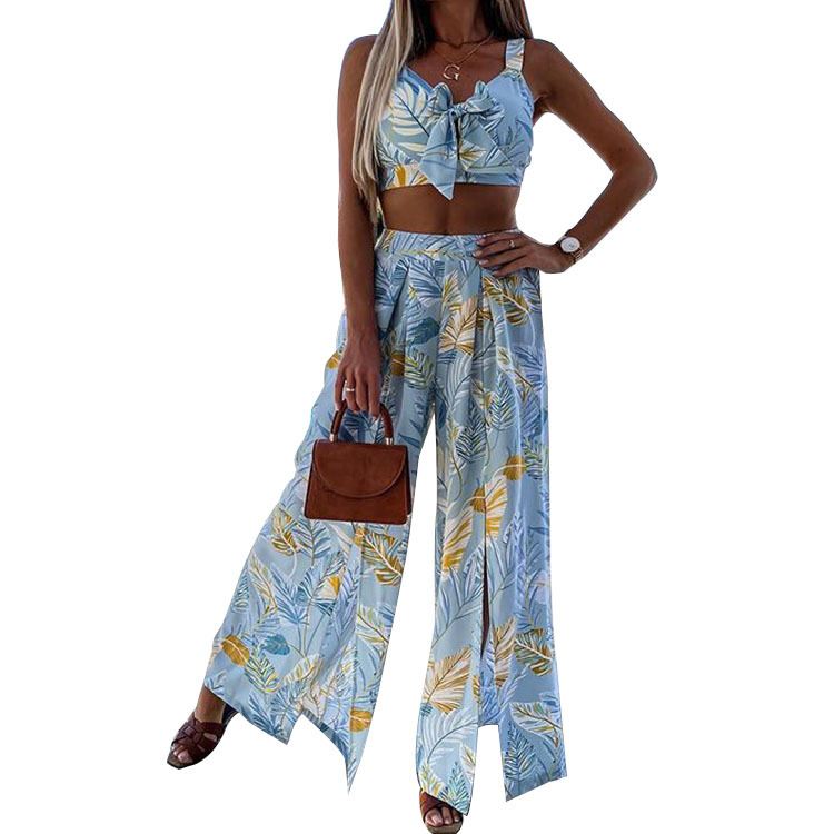 printed hollow strappy camisole slit trousers two-piece set NSHHF130226