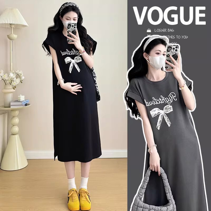 Maternity Wear Short-Sleeved T-Shirt Dress Mid-Length Summer Korean Style Fashionable Bow Print Loose Dress That Doesn'T Show Pregnancy Maternity Wear Short-Sleeved T-Shirt Dress Mid-Length Summer Korean Style Fashionable Bow Print Loose Dress That Doesn'T Show Pregnancy