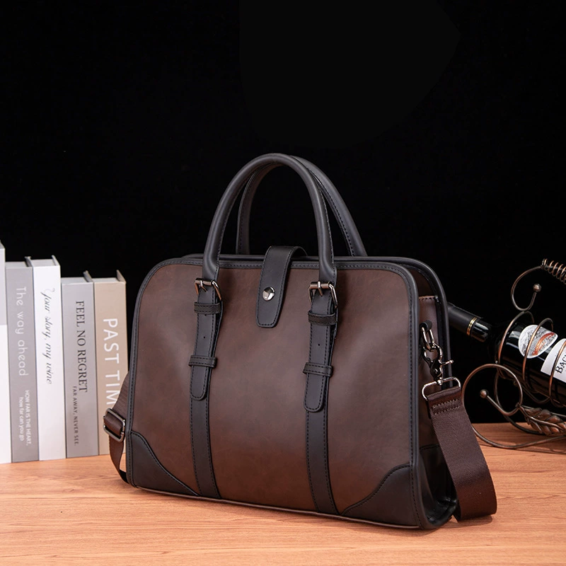 One-shoulder document bag, retro PU leather, 36×27×6 cm, coffee