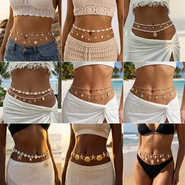 European and American Cross-Border Ocean-Style Women's Pearl Layered Waist Chain Ocean Series Beach Imitation Pearl Waist Accessory Starfish Shell