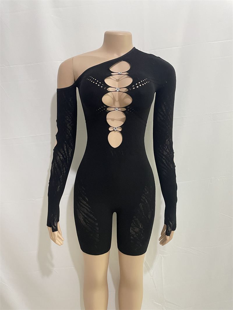 Solid Color Diagonal Shoulder Long Sleeve Diamond Hollow Out Cutout Sexy Slim Fit Romper