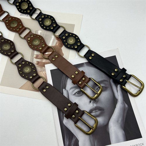 American western denim buckle leather belt female personality street hottie retro design fashion hollow belt