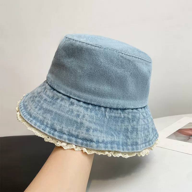 牛仔水洗遮阳帽日系蕾丝边渔夫帽子女款甜美显脸小防晒百搭盆帽潮