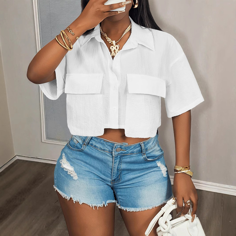 In-Stock Cross-Border Trade European Size Casual Pocket Solid Color Short-Sleeve Shirt Collar Loose Short Drop Shoulder Women's Shirt