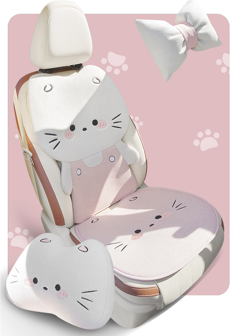 Linen Car Seat Cushion, Universal for All Seasons, Breathable, Rear Seat Cushion with 3D Cute Cat Cartoon Design, Cute Female Seat Cover