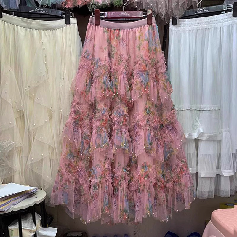 Heavy Industry Beading Asymmetrical Skirt Splicing Printed Gauze Skirt Colorfulful Cake 2025 New Skirt Mesh Long Skirt