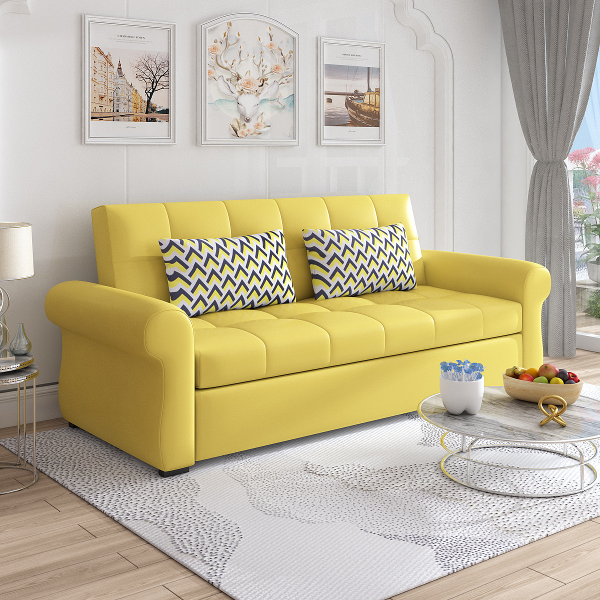 Sofá cama multifuncional verde claro pequeño tipo de casa de látex doble doble triple plegable sofá cama de cuero