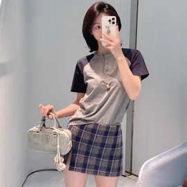 南油高品原标MIIU缪家复古少女感灰麻藏青的撞色插肩袖短袖T恤