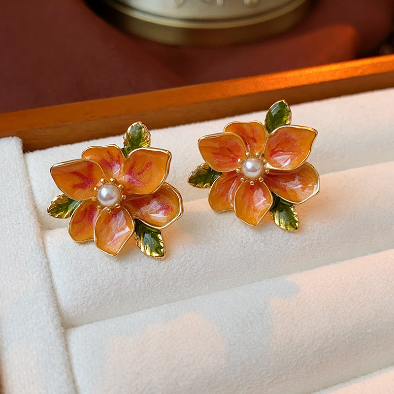 Orange earrings pearl, flowered