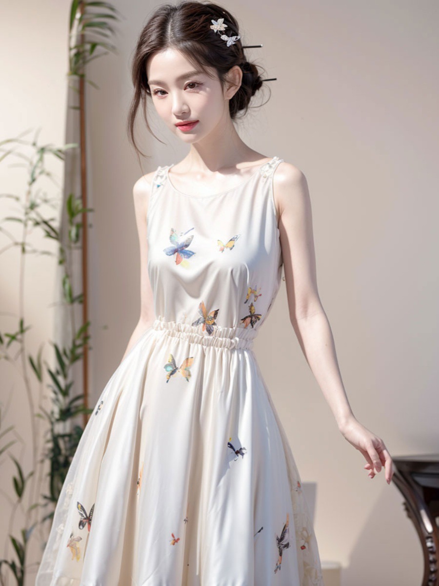 Váy liền hoa nhỏ họa tiết bướm trắng thịnh hành FL240625 – váy hai dây phong cách dân tộc, chít eo tôn dáng mùa hè — váy trắng chi tiết 4