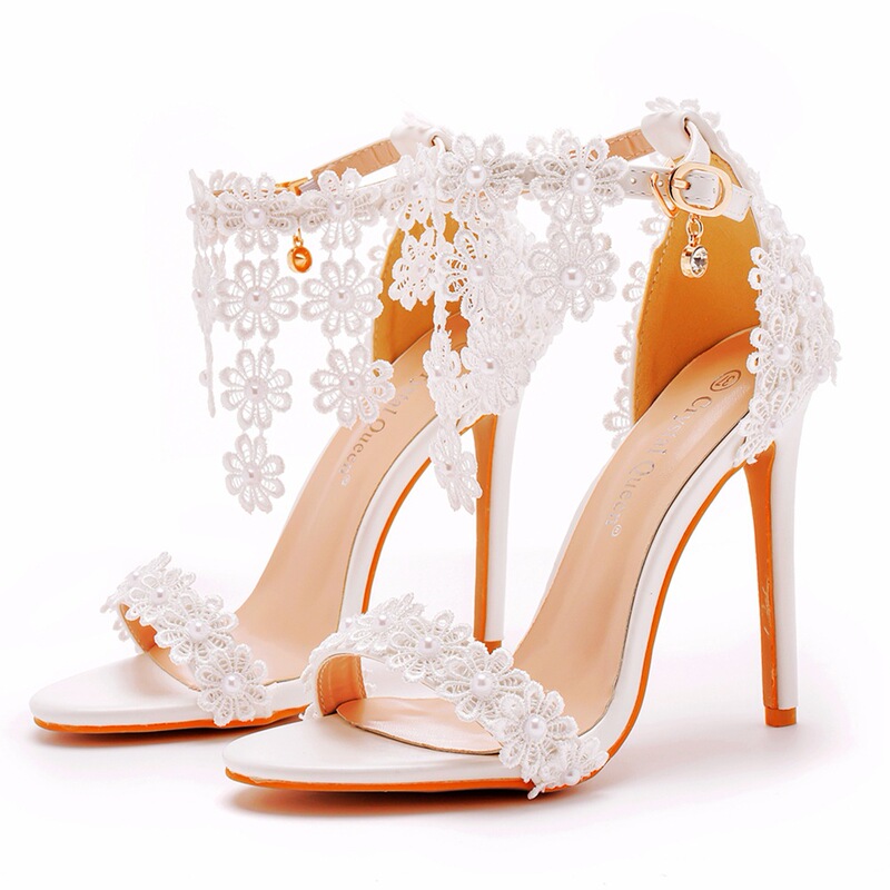 White Tassel Sandals with a Single Strap, White Lace High-Heeled Sandals with a Thin Heel and Peep-Toe Design White Tassel Sandals with a Single Strap, White Lace High-Heeled Sandals with a Thin Heel and Peep-Toe Design
