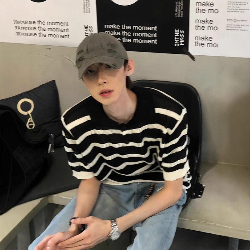 Black and White Stripesd Cut Out Ice Silk Knitwear American Polo Shirt Short-Sleeved Men's Summer Design Niche Lapel T-Shirt Black and White Stripesd Cut Out Ice Silk Knitwear American Polo Shirt Short-Sleeved Men's Summer Design Niche Lapel T-Shirt