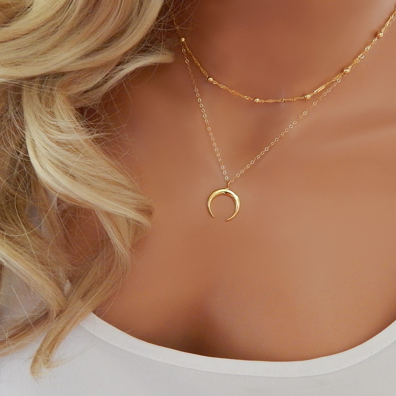 Collier bohème à double corne plaqué or chaîne multi-rangs_voghion.com