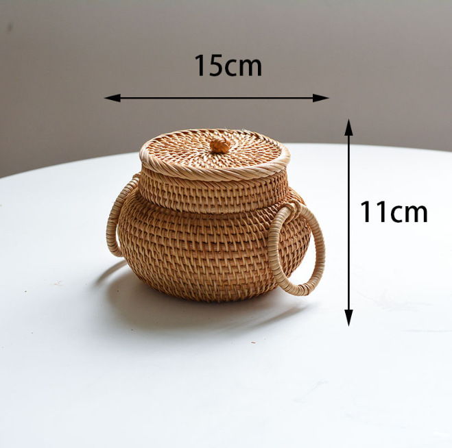 韓国秋藤編み円形茶卓雑物リモコン現代デスクトップ装飾品整理蓋付き収納ケース