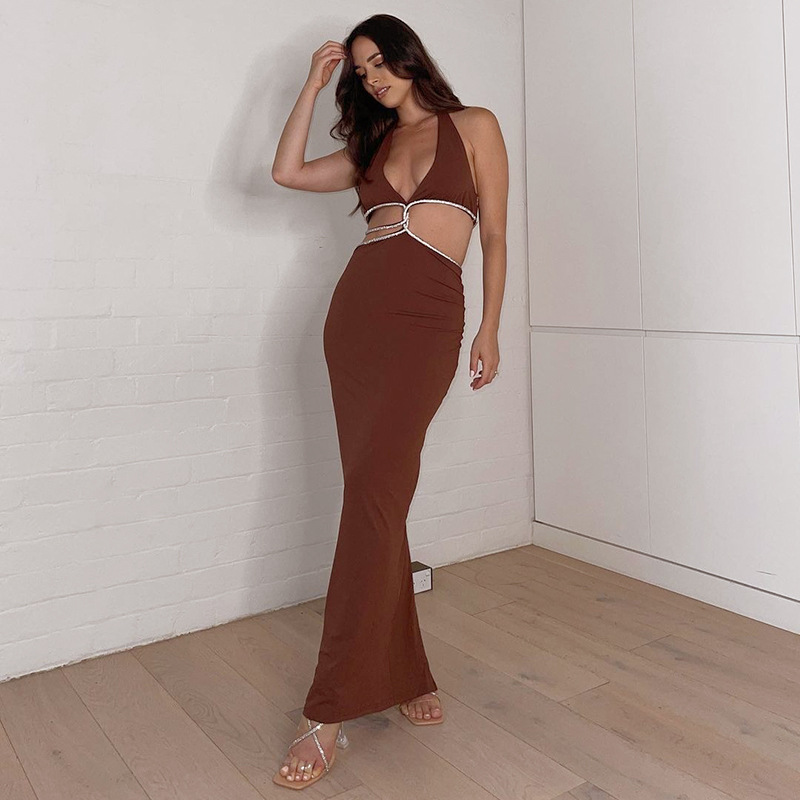 halter neck sleeveless deep v backless slim kinked solid color dress NSMG129620